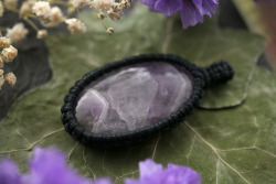 90377:Amethyst, faceted smoky quartz and orthoceras fossil macrame pendants made with black cotton yarn. Available at my Etsy Shop - Sedna 90377