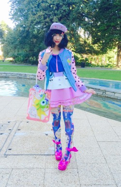 sinneddonuts:  We had a fashion walk today ❤️  Coodinate includes: Top: Galaxxxy x Panty and Stocking Jacket: Galaxxxy Hat: Milklim Skirt: Swankiss Tights: Tokone Shoes: Melissa x Vivienne Westwood Winged Sandles 