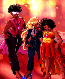 askthefamilyoflove:  //((The Family of Love in formal wear! Me and rhinocio were talking about what they would wear to fancy event’s and they came up with Garnet’s outfit while we both agreed that Sapphire likes to look sharp in a suit and Ruby likes