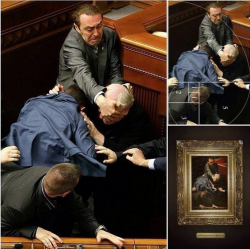 saltycornchip:  best-of-memes:  Someone took a candid photo of a fight in Ukranian Parliament that is as well-composed as the best renaissance art  this is currently my favorite thing on the entire internet 