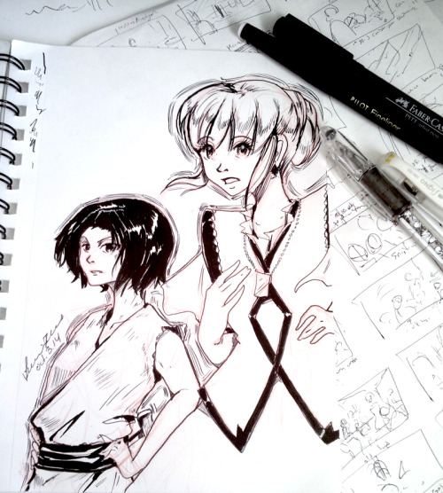 #inktober  #inktober2014 day 2, yes I&#8217;m a day behind, still recovering from my illness. I&#8217;m keeping to drawing on the train and inking when I&#8217;m at home. 
Oeclair: Raika and Shara