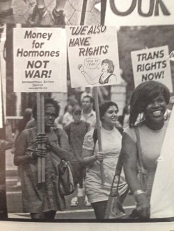 katblaque:  nube-brillante:tiergartenbebe:Holy shit where does this come from? [Black and white picture of Black Transwomen protesting, carrying signs that say “Money for hormones, not war!”, “We also have rights!”, and “Trans Rights Now!”]