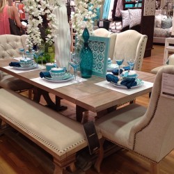 Love the fabric chairs and bench for the dining room! And adore the wood table! #want #homedecor #table #chairs #fabric #zgalleries #elegant #beige #blue #white #oatmeal #bench #love