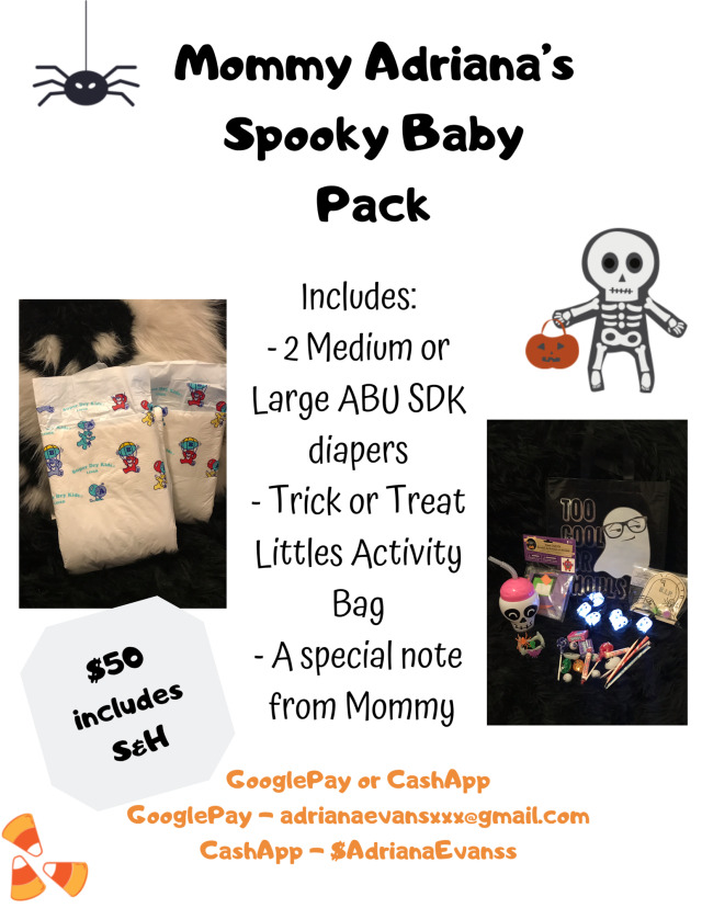 Mommy Adriana has a special ABDL trick or treat bag just for you! 🧡For โ, you’ll get 2 ABU Super Dry Kids diapers, littlespace Halloween activities, a handwritten note from Mommy w a diaper task and other little spooky goodies. 🖤Only available
