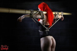 fineartofbondage:  Model Deadlydoll tied to bamboo tube - Fine Art of Bondage Stunning redhead, nude bound with her arms to a bamboo tube. Bondage Fine Art Photography- Studio photography with bdsm/bondage model.  This image was first published in the