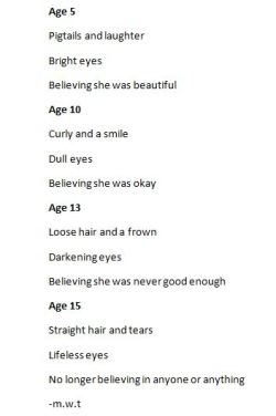 annibellee:  and-then-i-became-suicidal:  welcometoclubweirdness:  these-fading-scars:  delusional-suicide:  Age 17  Messy hair Weeping eyes from crying every night Tired of life and wishing she was dead  Age 19 Curly hair and a smile Because she knows