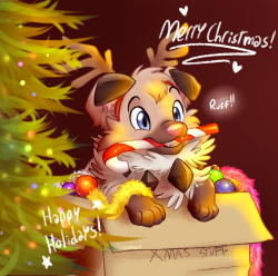 slovenskiy: Here’s my Christmas drawing for this year, a lil Rockruff Reindeer has come to greet you and give you candy canes!  I hope you all spend the Holidays in the best way possible, have lots of fun and be safe! Textless version under the cut: