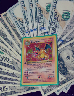 everyonelovesrobots:  constarlations:  This is the money Charizard. Reblog and you will money tomorrow.  That first edition Base set Holo Charizard with shadowless border (meaning first print) is actually worth about ŭk+ if in mint condition so hell