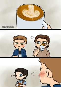 tsuki-nekota:  “Destiel coffee shop au where cas draws dicks in deans coffee to let him know he knows exactly what deans into“