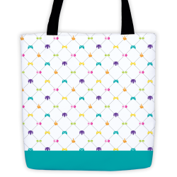 geek-studio:  Game On Bright Tote Bag - Studio Pattern Line · Geek StudioShow your gaming pride with this bright and colourful tote bag!It’s made from a heavy, stiff, printed fabric so it’s great for shopping, groceries, laptops, or anything else