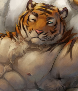 ralphthefeline:  I don’t think I have actually done that many normal tigers, especially colored~! Despite drawing a lot of pudgy tiger Ralph XD Anyways, it seems like that tiger dude just noticed your presence =u= It is not good to wake people up you
