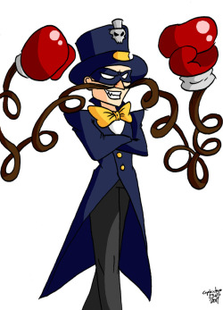 My first ever Arms OC. His name is Monsieur Stache. He’s a magician and a world-known thief, and his signature gloves are called “Fisticuffs”. They’re really fast, but not very strong. 