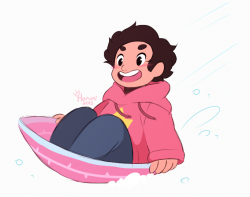 commission for blackbearthoughts !Steven using his shield as a sled through the snow is totally something he’d do