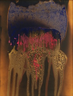 socialclaustrophobia:Yves Klein (French, 1928 –1962), Untitled (fire-color painting), 1962. Charred dry pigment in synthetic resin with metallic paint on asbestos-coated paper on board, 24½ × 19 in (62.1 × 48.3 cm).via jimlovesart