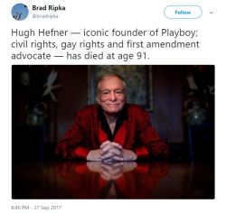 couplelookingforher2:  ay-its-d:  the-real-eye-to-see:    Hugh Hefner was a giant in publishing, journalism, free speech and civil rights. He was a true original and very progressive, and decades ahead of the rest of the U.S.    He always hired African