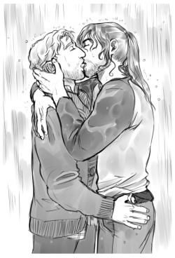 kaciart:  yamijay answered: Fili/Kili, Modern AU, Kissing under the rain. And I mean a very passionate kiss. 