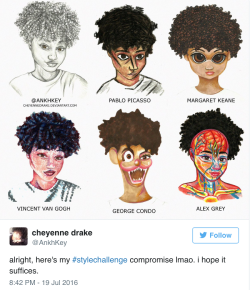 lillyrosaura:  sosaysdeb:  superselected:  Black Teen Artist Creates the #StyleChallenge.  Black Artists Take to Social Media to Draw in Different Animation Styles.  !!!!!!!!!!  Damn this artistry 😍