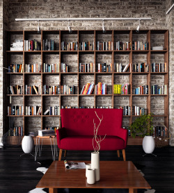 matthewclan:  bookshelfporn:  Follow Bookshelf Porn on Facebook, Twitter, Instagram &amp; Pinterest.  What I would give for brick interior walls… And that much more shelf space. 
