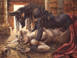 abdijackal:  A STUNNING piece done by a collaboration of the art team known as Blotch and Dark Natasha! Anubis and Sekhmet sharing an intimate gaze before making love. It make sense that Death and War would be lovers. Fear not. They are not mad destroyers