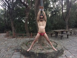 athleticpisspig:  Was tied up and blindfolded at a resting place of a busy hiking trail where I got piss showered while being tied up. Video will follow on xtube.