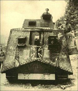 eiscef:  The A7V ‘Sturmpanzerwagen*‘ of the Deutsches Heer, the German Army of the Second Reich (1871-1918). The design was started in the latter half of 1916 after the Somme Offensive of World War One and only twenty tanks were produced. Due to