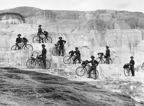 back-then:  Buffalo Soldiers on bicycle patrol in Yellowstone National Park⁣1896⁣⁣During their 1896 excursion from Fort Missoula, Mont., to Yellowstone National Park, riders of the 25th Infantry Bicycle Corps, led by 2nd Lt. James A. Moss, at top,