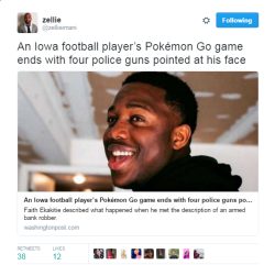 cartnsncreal:  Faith Ekakitie, a defensive end for the University of Iowa, described in harrowing detail an encounter he had with police as he played Pokémon Go in an Iowa City park last week. This story, sobering as it is, ended not in tragedy but with