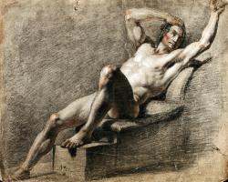Reclining male Nude with Hand Resting on Head.John James Masquerier. British 1778-1855. black and red chalk on paper.