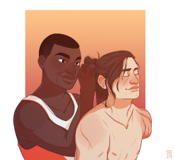 thingsfortwwings:[Image: Sam Wilson putting Bucky Barnes’ hair up in a ponytail.]vulcanyounot:working on this sam/bucky commission was so much fun, i love these punks