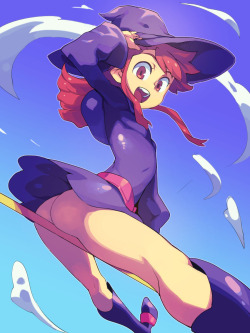 kuzira8:  Gelbooru- Image View - 1girl akko kagari ass broom capelet flat chest hat highres little witch academia loli long hair looking at viewer metata midair no panties open mouth red eyes red hair short dress smile solo staff witch hat | 1855176