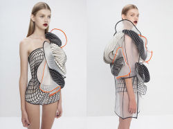 wgsn:  Inspired by 3D modelling software glitches, Noa Raviv has designed garments that bring the digital into a physical space.  Classic Greek and Roman sculptures are the starting point and then worked into hi-tech garments.
