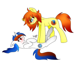ask-firefox:  ask-safaripony:  Firefox holding Safari to the ground.  What happens next is a mystery!  I think we aaaall know what’s going to happen next   frickle frackle   Called it~ x: