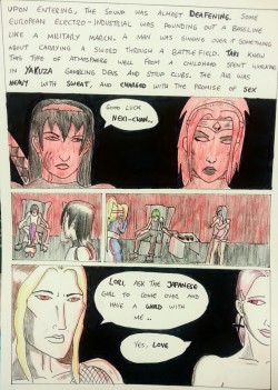 Kate Five vs Symbiote comic Page 75  Nexi sees a guy having some bodily fluid extracted, while Taki sees a whole different bodily fluid being extracted! What the hell kind of club is this! !??  For the curious, the awesome music playing is by VNV Nation