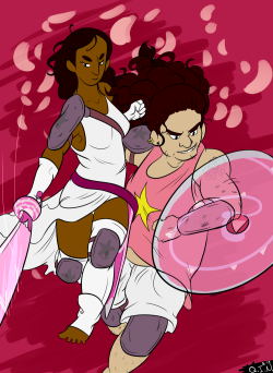 quinninnoir:  It started as Connie sword fighting then it became Connie and Steven as adults fighting together. (I feel like Steven wanted to make a cool outfit for Connie and with Pearls help they made something a free-spirited, fantasy garb with Rose’s
