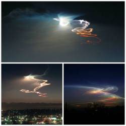 scienceyoucanlove:  Rocket launches at sunset or sunrise produce a light show known as twilight phenomena. It forms when unburned fuel particles and water condense, freeze, and then expand across the upper atmosphere, leaving a trail of frozen droplets