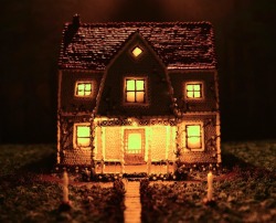 archiemcphee:  Los Angeles-based artist and baker Christine McConnell meticulously recreated her parents’ house using German chocolate cake, complete with flickering lights in the windows.  &ldquo;The foundation of the house is made out of layer upon