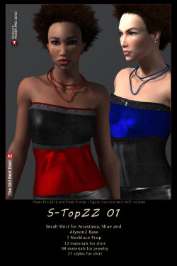  Lovely Top for Anastasia by Blackhearted. Will work with Shae by him too and Alyson2 Base.  Several material and many Morphs for movement. Works with Poser 9  and is 30% off until 4/15/2016! Get the top you’ve all been waiting for today! Check the