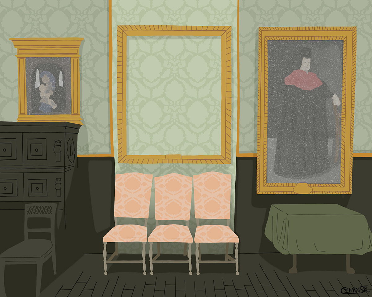  Illustration of the Isabella Stewart Gardner Museum, and one of it&#8217;s stolen paintings, which will be used as a background of another illustration. ceminsk art &amp; design 
