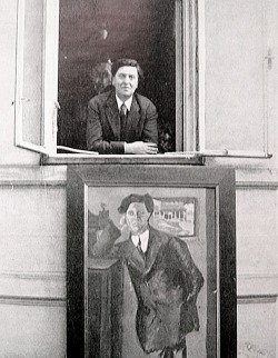 a) Austrian composer Alban Berg (Vienna 1885 - 1935) leans out of the window of his studio, showing a portrait painted by his friend, teacher and mentor Arnold Shoenberg b) Arnold Schoenberg (Vienna 1874 - Los Angeles 1951); Portrait of Alban Berg, 1910