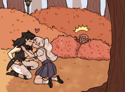 monochrome + schneeblings drawn for @rwbyxw ! :D in thanks for all the lovely art you have shared with me so far &lt;313 year old Weiss meets secretly with her faunus sweetheart Blake. Whitley follows her into the woods to catch her (because he’s a