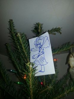 Our actual angel could not be fit on our tree as you can see here, the tree is too tall. Made a crude Lapis drawing as a proxy for Christmas angel.