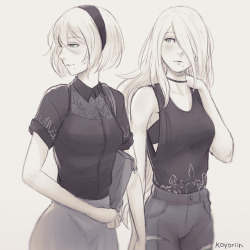 koyoriin:  http://patreon.com/koyorinhttp://www.pixiv.net/member.php?id=12576068http://twitter.com/koyoriin Ahhh I saw someone else’s modern 2B and 9S on Twitter (sorry, I can’t remember the name…orz) and I wanted to draw a modern version of 2B