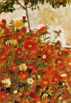 lyghtmylife:  Egon Schiele  (Austrian, Expressionism, 1890-1918) Field of Flowers, 1910 Black chalk, gouache and gold bronze paint on paper Private Collection 