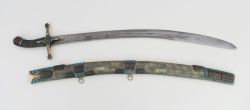 art-of-swords:  Kiliç SwordDated: 17th century Culture: Ottoman (Turkish)Measurements: overall length (in scabbard) 95 cm; blade length 75 cmThe wooden scabbard is covered with a greenish ray skin and four butterfly shaped gilded silver mounts. The