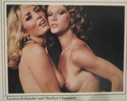 Xaviera Hollander (The Happy Hooker) and Marilyn Chambers in a publicity still for their book Xaviera Meets Marilyn Chambers, 1976
