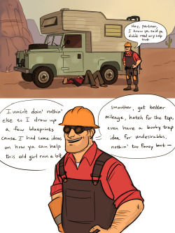 vesperstardust:  Operation Sniper Friendship: activate Plan BYou can’t be mad, he brought you beer, it’s the rule.For parallelpie! (“sniper trying to fix his van and engineer is trying really hard to get sniper to let him help with his van but sniper