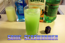thedrunkenmoogle:  Sonic Screwdriver (Doctor Who mocktail) Ingredients:3 oz Orange juice1.5 oz Rose’s Blue Raspberry Mix.5 oz Lime juice3 oz Ginger ale Directions: Mix all ingredients in a highball glass over ice and stir. Yell “Geronimo!” and serve.
