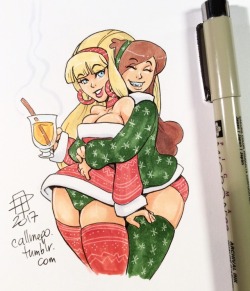 callmepo: Hot apple cider and a warm hug…  Tiny doodle of Holiday Hotties Pacifica and Mabel.  [Come visit my Ko-fi and buy me a coffee hot apple cider!]    &lt; |D’‘‘‘‘‘‘