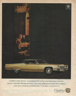 artornap:  Cadillac Automobile Original 1969 Vintage Print Ad w/ Color Photo of Gold Coupe DeVille Luxury Motor Car w/ Romantic Dinner Theme