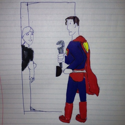 Superman holding a plunger and a pipe wrench with a young person hanging out an apartment door